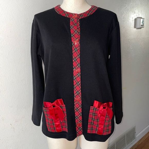 Vintage Holiday Cardigan Jacket size S Petite Plaid Trim Bow Buttons - Picture 1 of 8